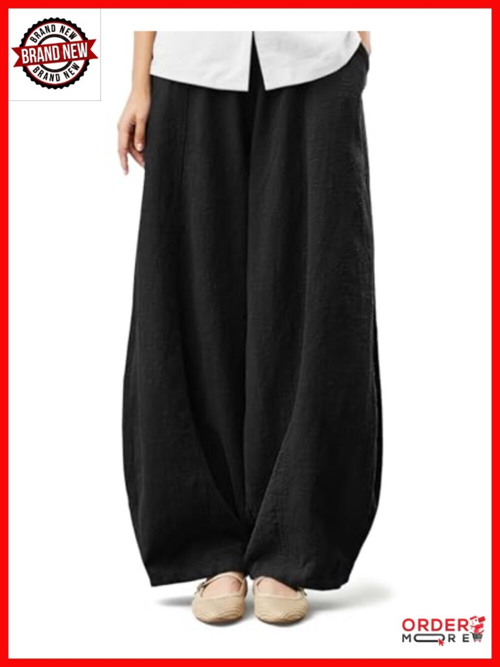 Linen Blend Baggy Barrel Pants Wide Leg Elastic Waist Pull On Trousers